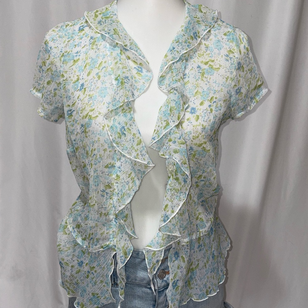 Taylor Light Blue Floral Ruffle-Front Blouse - Picture 9 of 9